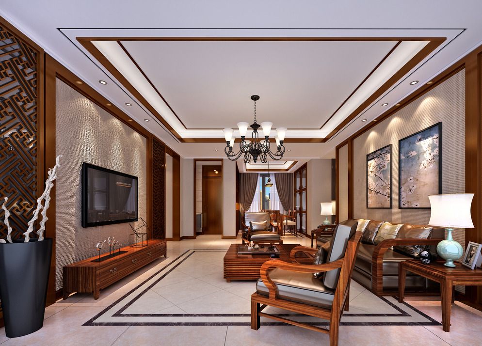 别墅中式客厅装饰设计效果图