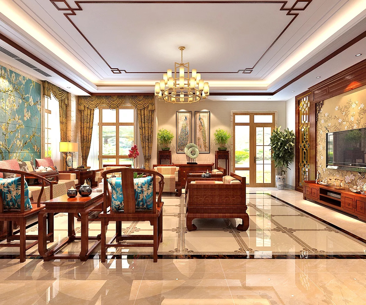 别墅中式装饰设计轻奢而柔暖,营造客厅空间恬静的温馨画面.