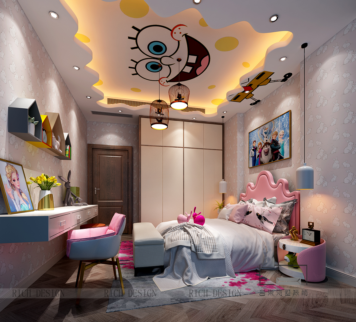 誉珑湖滨现代儿童房床头背景墙装修设计效果图 – 设计本装修效果图