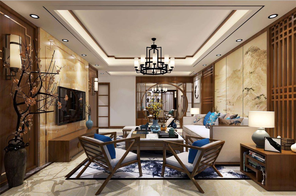 别墅中式客厅装饰设计效果图