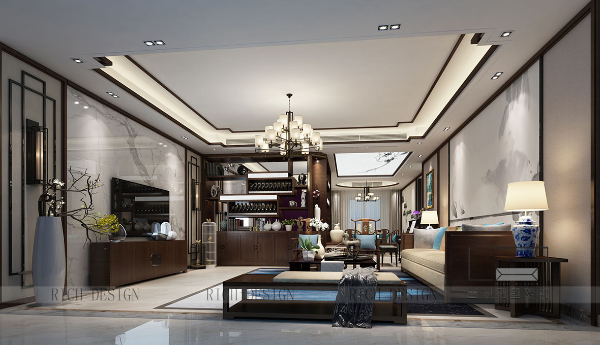 别墅中式客厅装修设计效果图