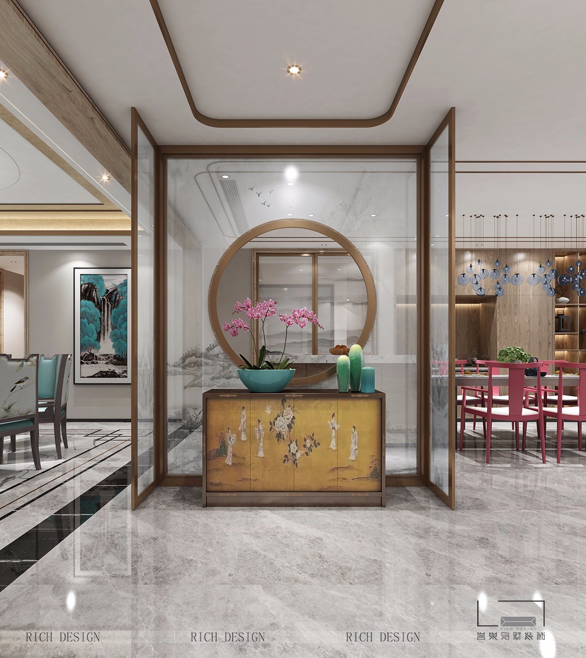 新中式轻奢客厅 餐厅 玄关|空间|家装设计|张美丽效果图 - 原创作品 - 站酷 (ZCOOL)